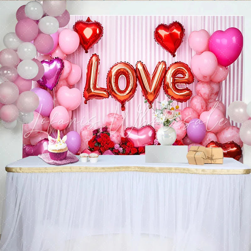 Lofaris Valentine’s Day LOVE Backdrop White Drapes and Red Rose Heart Balloons Background