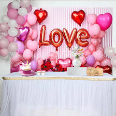 Lofaris Valentine’s Day LOVE Backdrop White Drapes and Red Rose Heart Balloons Background
