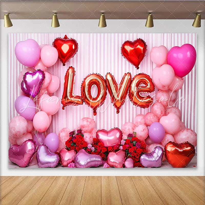 Lofaris Valentine’s Day LOVE Backdrop White Drapes and Red Rose Heart Balloons Background