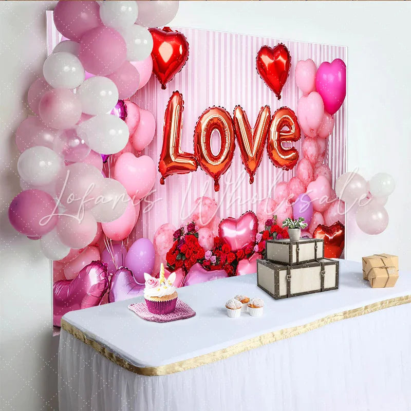 Lofaris Valentine’s Day LOVE Backdrop White Drapes and Red Rose Heart Balloons Background