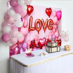 Lofaris Valentine’s Day LOVE Backdrop White Drapes and Red Rose Heart Balloons Background