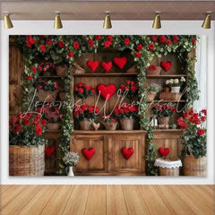 Lofaris Valentines Day Rose Garden Backdrop Wooden Shelf with Red Hearts and Flowers Banner