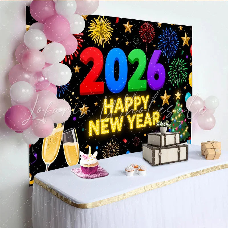 Lofaris Vibrant 2026 Happy New Year Party Backdrop with Champagne Golden Stars and Festive Balloons Decor