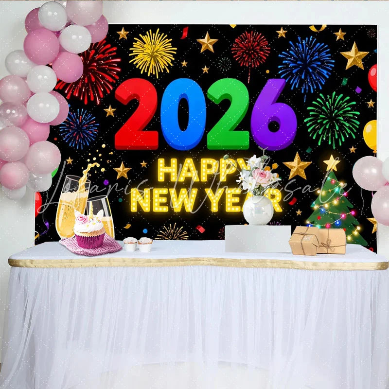 Lofaris Vibrant 2026 Happy New Year Party Backdrop with Champagne Golden Stars and Festive Balloons Decor