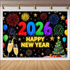 Lofaris Vibrant 2026 Happy New Year Party Backdrop with Champagne Golden Stars and Festive Balloons Decor