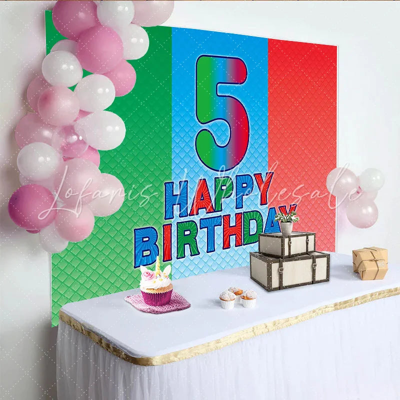 Lofaris Vibrant 5th Birthday Backdrop with Green Blue Red Textured Stripes Happy Birthday Party Decor for Kids Photoshoot