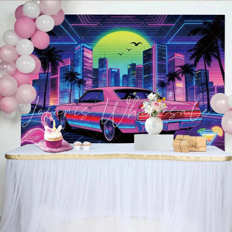 Lofaris Vibrant 80s Retro Neon City Photography Backdrop with Pink Car and Palm Trees Futuristic Synthwave Background for Party