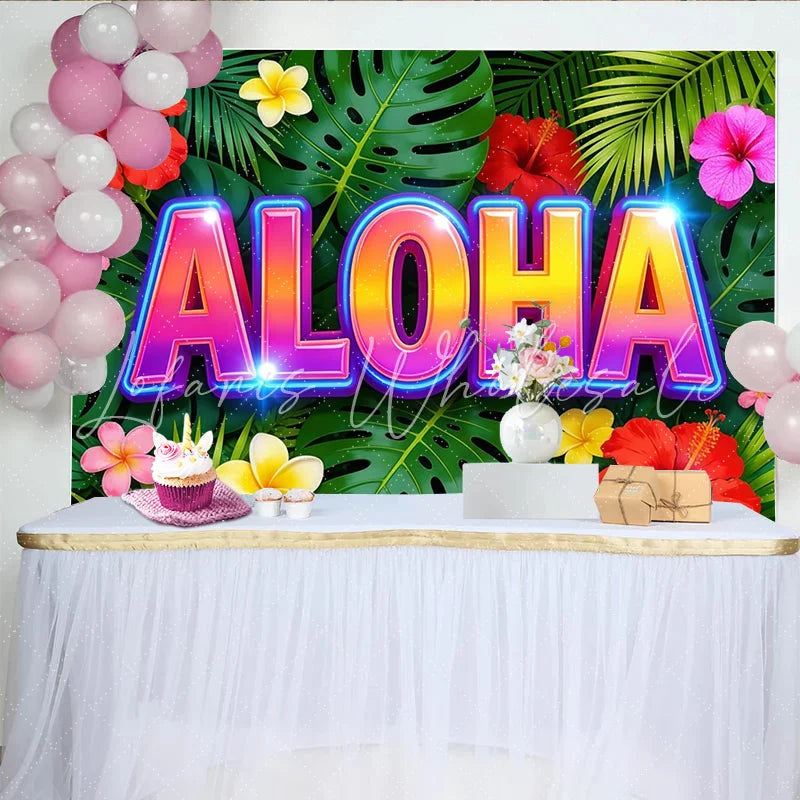 Lofaris Vibrant Aloha Tropical Backdrop with Neon Glow Hawaiian Luau Party Background for Summer Photoshoot Decor