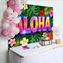 Lofaris Vibrant Aloha Tropical Backdrop with Neon Glow Hawaiian Luau Party Background for Summer Photoshoot Decor