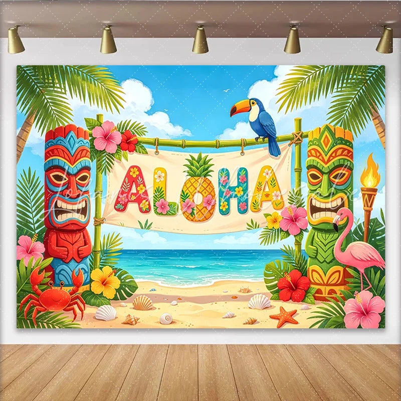 Lofaris Vibrant Aloha Tropical Photography Backdrop with Tiki Totems and Palm Trees Beach Scene Background for Luau Party Decoration