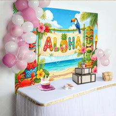 Lofaris Vibrant Aloha Tropical Photography Backdrop with Tiki Totems and Palm Trees Beach Scene Background for Luau Party Decoration