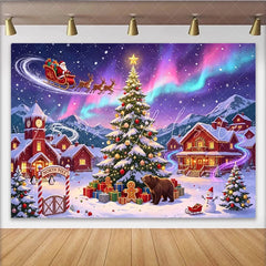 Lofaris Vibrant Aurora Christmas Backdrop with Santa and Reindeer Sleigh Festive Winter Village Background for Holiday Party Decor
