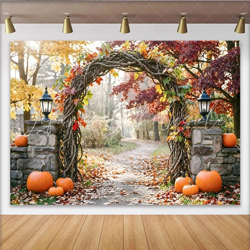 Lofaris Vibrant Autumn Archway Holiday Backdrop with Fall Leaves and Pumpkins Scenic Photography Background for Harvest Party Decor
