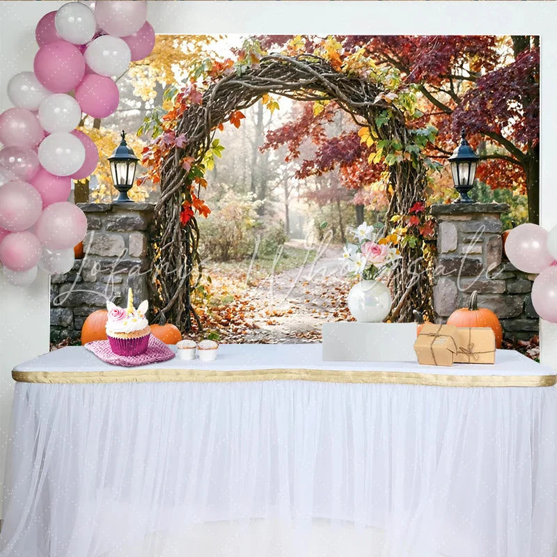 Lofaris Vibrant Autumn Archway Holiday Backdrop with Fall Leaves and Pumpkins Scenic Photography Background for Harvest Party Decor