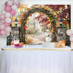 Lofaris Vibrant Autumn Archway Holiday Backdrop with Fall Leaves and Pumpkins Scenic Photography Background for Harvest Party Decor