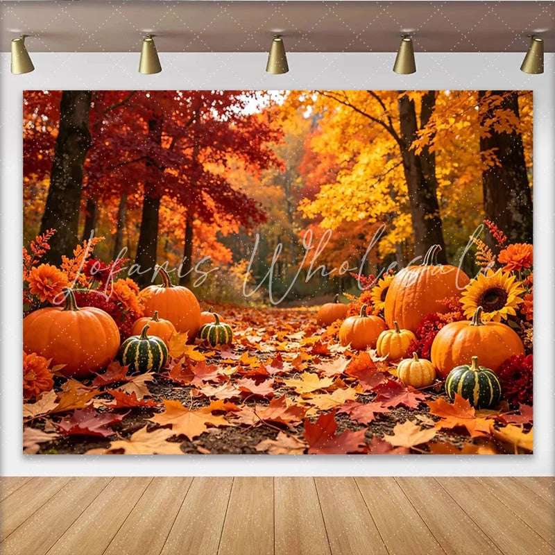 Lofaris Vibrant Autumn Forest Backdrop with Pumpkins and Fall Leaves Seasonal Photography Background for Thanksgiving and Halloween