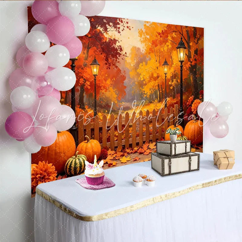 Lofaris Vibrant Autumn Forest Backdrop with Pumpkins and Street Lamps Rustic Wooden Fence Background for Fall Harvest Party
