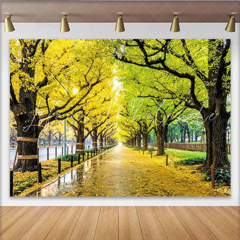 Lofaris Vibrant Autumn Forest Path Photography Backdrop with Yellow and Green Leaves Beautiful Nature Scenery Background for Studio