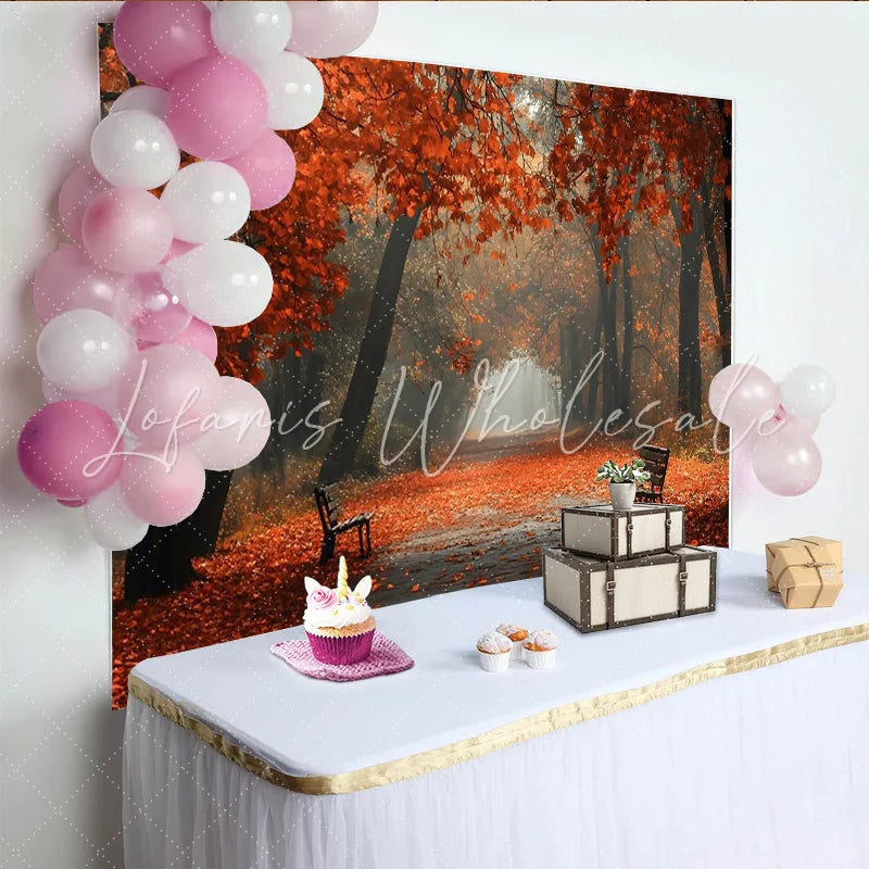 Lofaris Vibrant Autumn Forest Photography Backdrop with Orange Leaves and Misty Path Natural Scenery Background for Studio Photoshoot