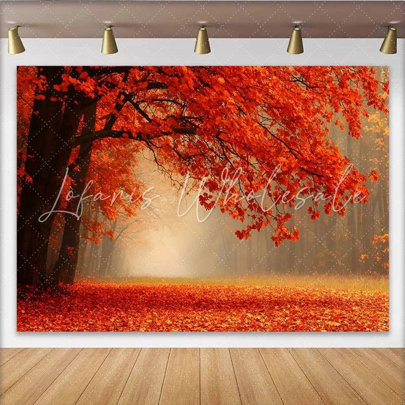 Lofaris Vibrant Autumn Forest Photography Backdrop with Orange Red Leaves and Misty Path Scenic Nature Background for Studio Portrait