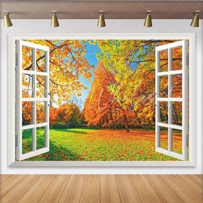 Lofaris Vibrant Autumn Forest View Through Open Window Photography Backdrop Colorful Fall Leaves and Blue Sky Scene