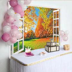 Lofaris Vibrant Autumn Forest View Through Open Window Photography Backdrop Colorful Fall Leaves and Blue Sky Scene