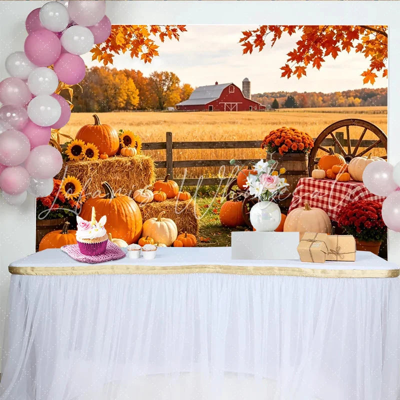 Lofaris Vibrant Autumn Harvest Backdrop with Pumpkins and Hay Bales Rustic Farm Photography Background for Fall Festival Decor