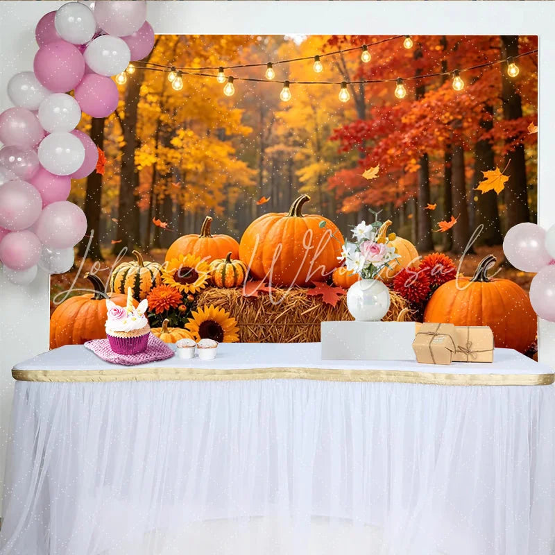 Lofaris Vibrant Autumn Harvest Holiday Backdrop with Pumpkins and Sunflowers Cozy Fall Forest Photography Background for Thanksgiving