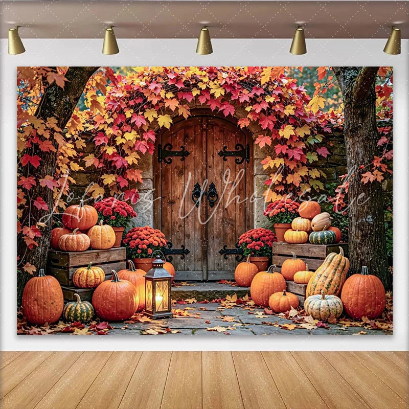 Lofaris Vibrant Autumn Harvest Photography Backdrop with Pumpkins and Fall Leaves Rustic Wooden Door Background for Seasonal Portraits
