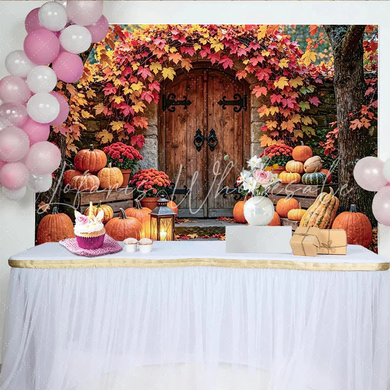 Lofaris Vibrant Autumn Harvest Photography Backdrop with Pumpkins and Fall Leaves Rustic Wooden Door Background for Seasonal Portraits