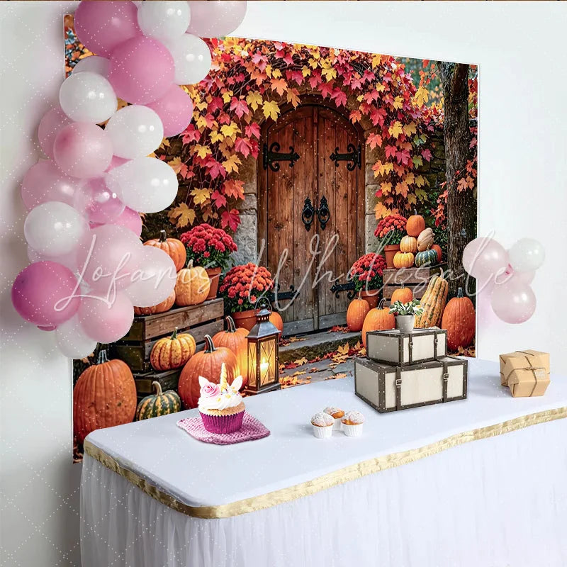 Lofaris Vibrant Autumn Harvest Photography Backdrop with Pumpkins and Fall Leaves Rustic Wooden Door Background for Seasonal Portraits