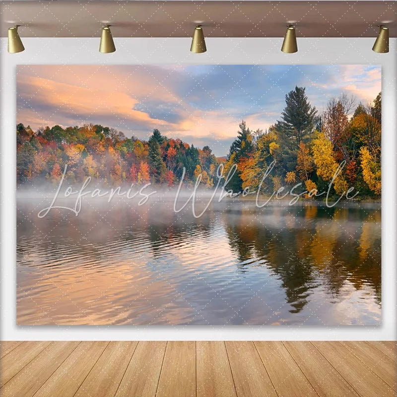 Lofaris Vibrant Autumn Lake Photography Backdrop with Misty Forest and Colorful Trees Serene Nature Background for Studio Portrait