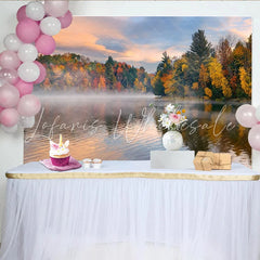 Lofaris Vibrant Autumn Lake Photography Backdrop with Misty Forest and Colorful Trees Serene Nature Background for Studio Portrait