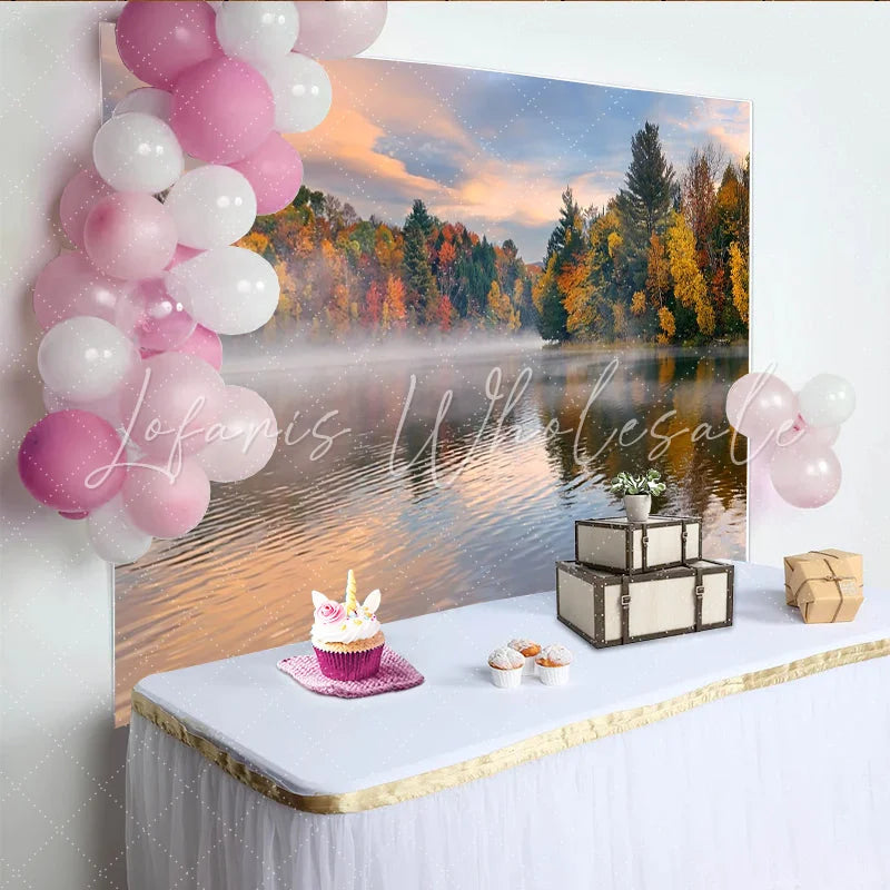 Lofaris Vibrant Autumn Lake Photography Backdrop with Misty Forest and Colorful Trees Serene Nature Background for Studio Portrait