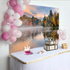 Lofaris Vibrant Autumn Lake Photography Backdrop with Misty Forest and Colorful Trees Serene Nature Background for Studio Portrait