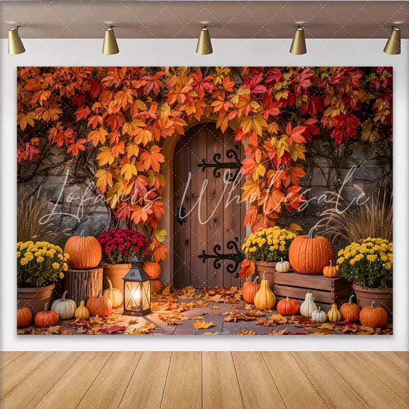 Lofaris Vibrant Autumn Leaves and Pumpkins Holiday Backdrop with Rustic Door Cozy Fall Harvest Photography Background for Thanksgiving Decor