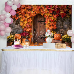 Lofaris Vibrant Autumn Leaves and Pumpkins Holiday Backdrop with Rustic Door Cozy Fall Harvest Photography Background for Thanksgiving Decor