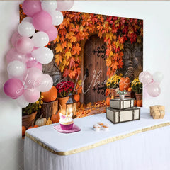 Lofaris Vibrant Autumn Leaves and Pumpkins Holiday Backdrop with Rustic Door Cozy Fall Harvest Photography Background for Thanksgiving Decor
