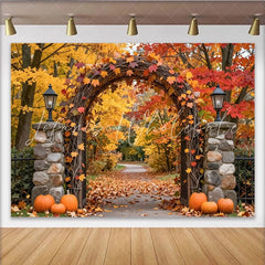 Lofaris Vibrant Autumn Leaves Photography Backdrop with Rustic Archway and Pumpkins Fall Foliage Studio Background for Photoshoot