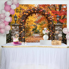 Lofaris Vibrant Autumn Leaves Photography Backdrop with Rustic Archway and Pumpkins Fall Foliage Studio Background for Photoshoot