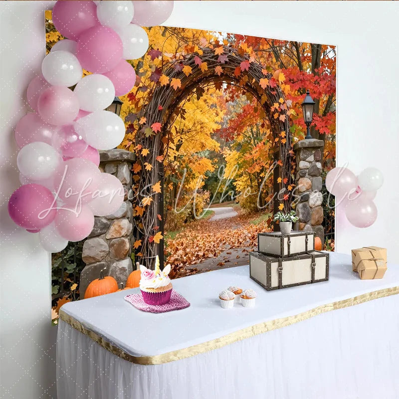 Lofaris Vibrant Autumn Leaves Photography Backdrop with Rustic Archway and Pumpkins Fall Foliage Studio Background for Photoshoot
