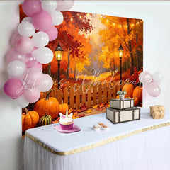 Lofaris Vibrant Autumn Photography Backdrop with Fall Trees Pumpkins and String Lights Cozy Wooden Fence for Harvest Season Photoshoot