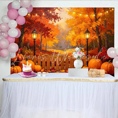Lofaris Vibrant Autumn Photography Backdrop with Fall Trees Pumpkins and String Lights Cozy Wooden Fence for Harvest Season Photoshoot
