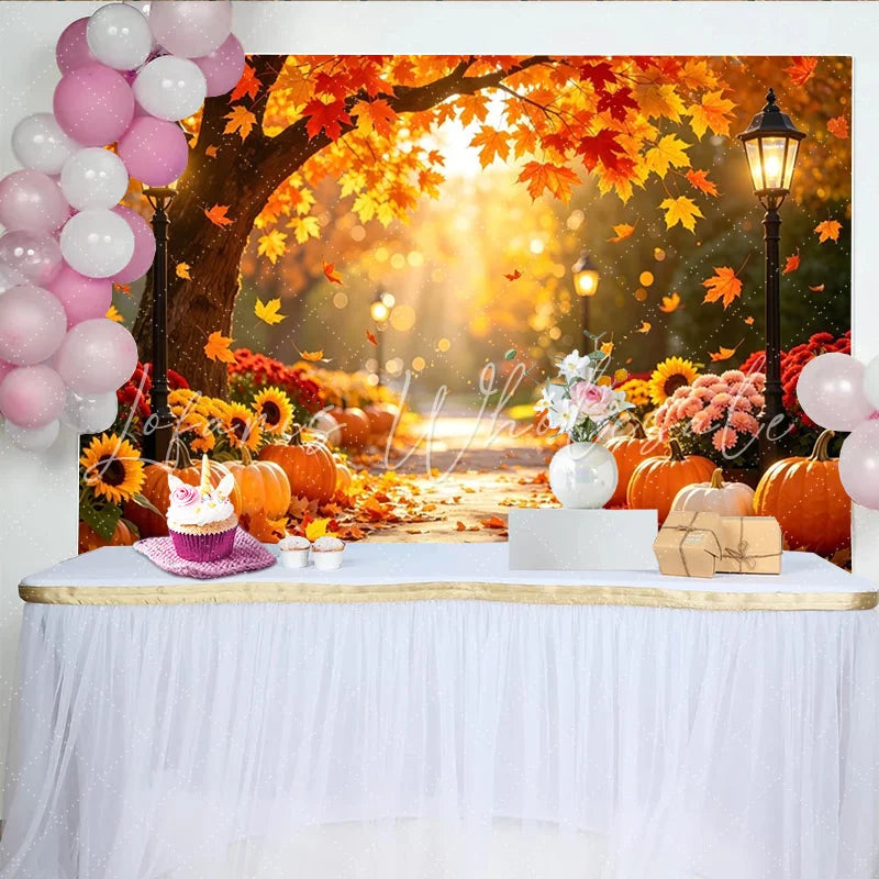 Lofaris Vibrant Autumn Photography Backdrop with Falling Maple Leaves and Pumpkins Warm Street Lamps and Path Scenic Fall for Photo