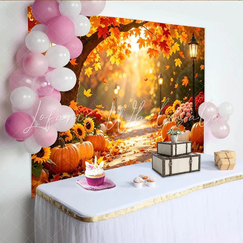 Lofaris Vibrant Autumn Photography Backdrop with Falling Maple Leaves and Pumpkins Warm Street Lamps and Path Scenic Fall for Photo