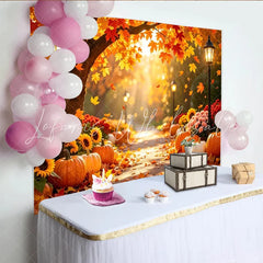 Lofaris Vibrant Autumn Photography Backdrop with Falling Maple Leaves and Pumpkins Warm Street Lamps and Path Scenic Fall for Photo