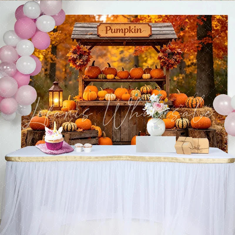 Lofaris Vibrant Autumn Pumpkin Backdrop with Wooden Stand Hay Bales and Fall Leaves Thanksgiving Harvest Photography Background