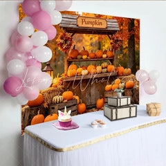 Lofaris Vibrant Autumn Pumpkin Backdrop with Wooden Stand Hay Bales and Fall Leaves Thanksgiving Harvest Photography Background