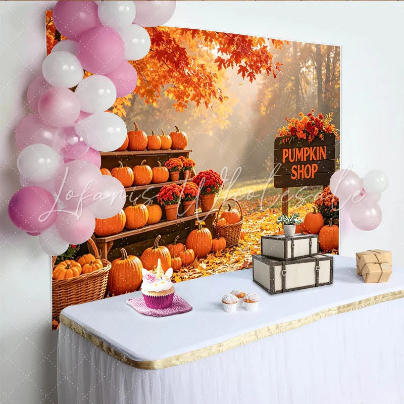 Lofaris Vibrant Autumn Pumpkin Shop Backdrop with Fall Leaves Seasonal Harvest Photography Background for Fall Festival Decor