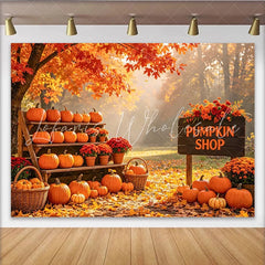 Lofaris Vibrant Autumn Pumpkin Shop Backdrop with Fall Leaves Seasonal Harvest Photography Background for Fall Festival Decor